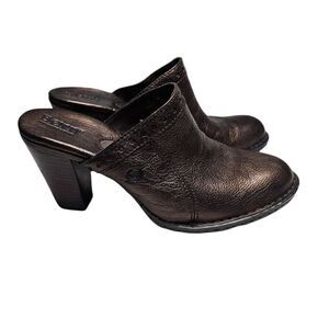 Born Lella Heeled Clog Mule Pewter Brown Metallic Y2K 90's Pebbled Leather Slip